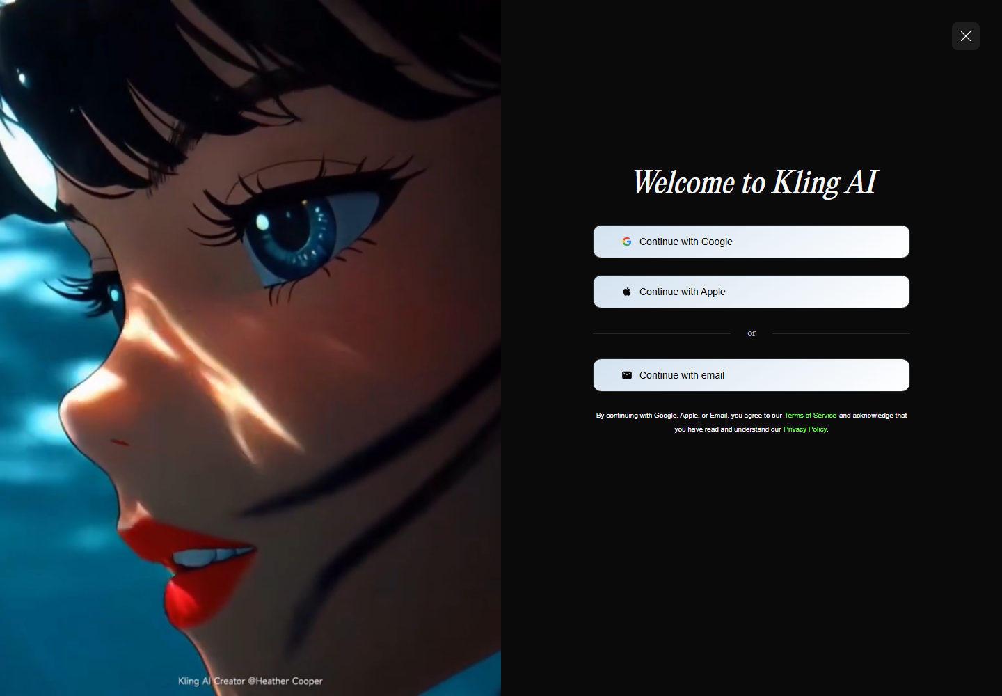 Окно входа Kling AI: Continue with Google, Apple или email