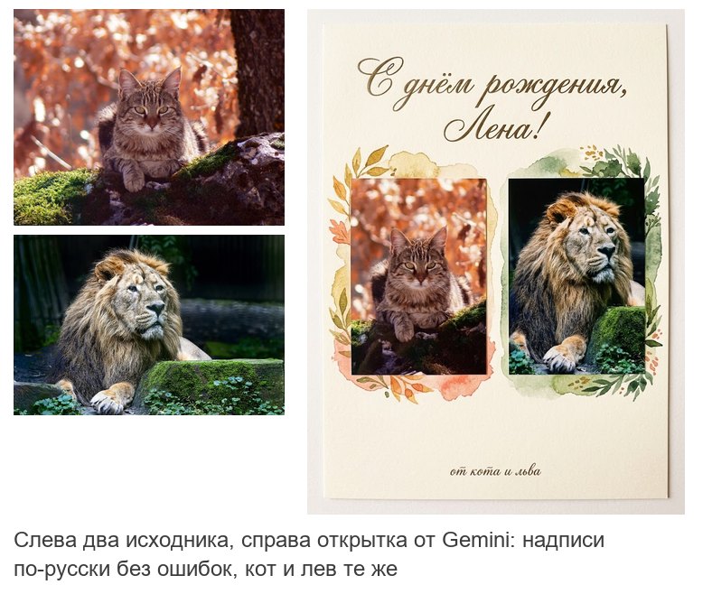 Слева фото кота и льва; справа открытка от Gemini: акварельные рамки на кремовом фоне, надпись С днём рождения, Лена! и мелкая подпись от кота и льва без ошибок
