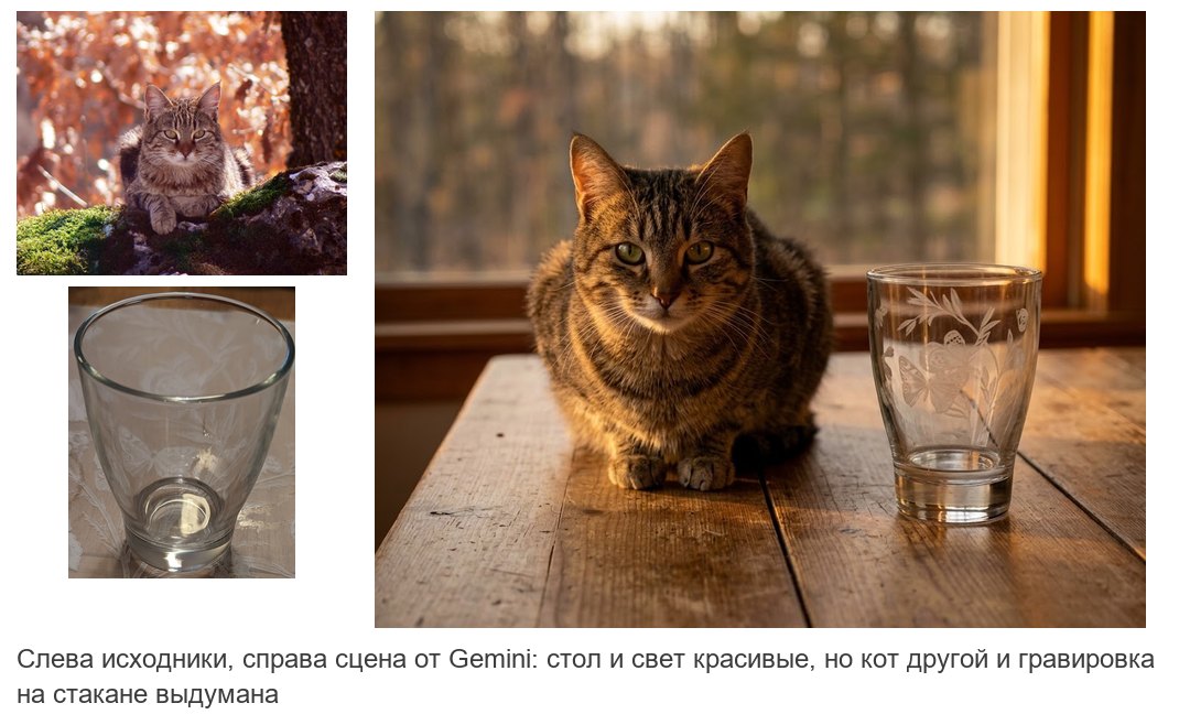Слева исходные кот и стакан; справа сцена от Gemini: кот на деревянном столе у окна рядом со стаканом, стол и свет красивые, но кот другой и на стакане появилась гравировка с бабочкой