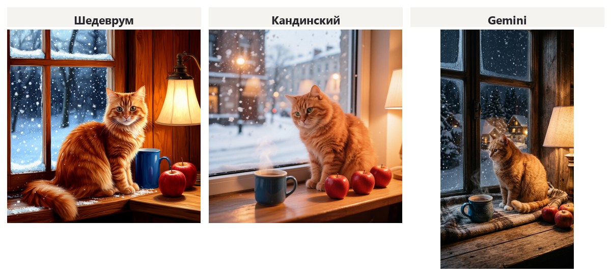 Одна и та же картинка с рыжим котом на подоконнике, нарисованная Шедеврумом, Кандинским и Gemini 25 сентября 2026