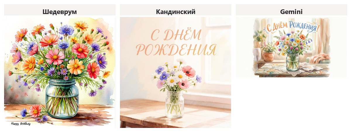 Открытка ко дню рождения с надписью по-русски: результаты Шедеврума, Кандинского и Gemini от 25 сентября 2026