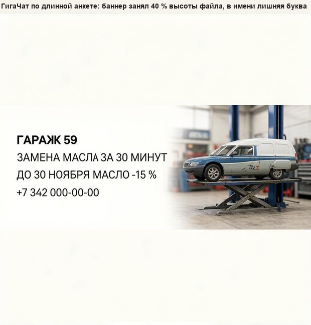 Баннер ГигаЧата по длинной анкете: широкая полоса внутри квадратного файла, три строки из четырёх верны, в названии лишняя буква
